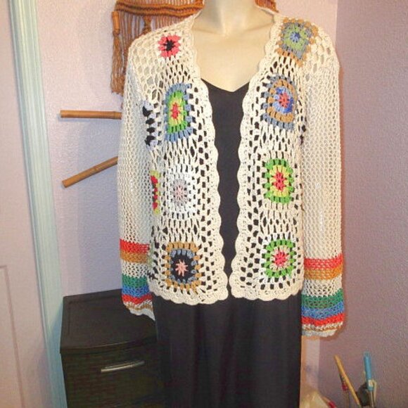 Vtg Crochet Open Knit Granny Square Cardigan Size M L Sweater Rainbow Groovy 70s - Picture 1 of 6